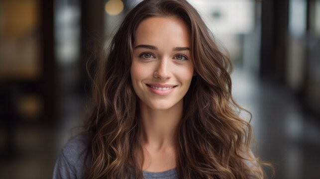 portrait of an attractive brunette woman with long hair, 30 years old, she is happy, looking straight to the camera, generative ai