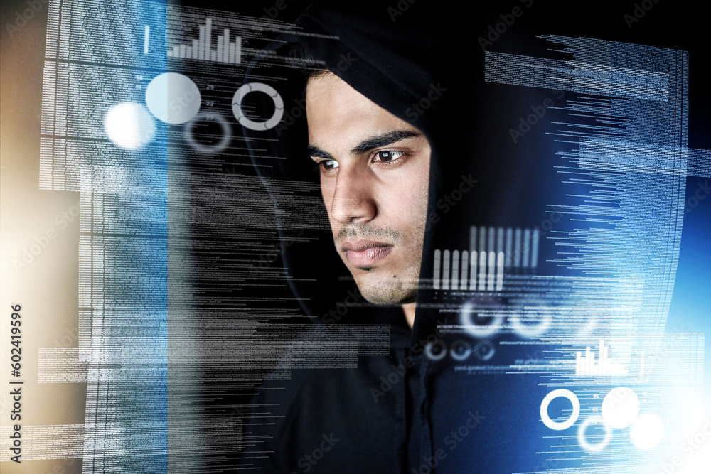 Poster Data analysis, digital overlay and man, hacker or programmer in night hacking, programming or fintech crime. Software coding, information technology and focus person in hoodie for cybersecurity fraud