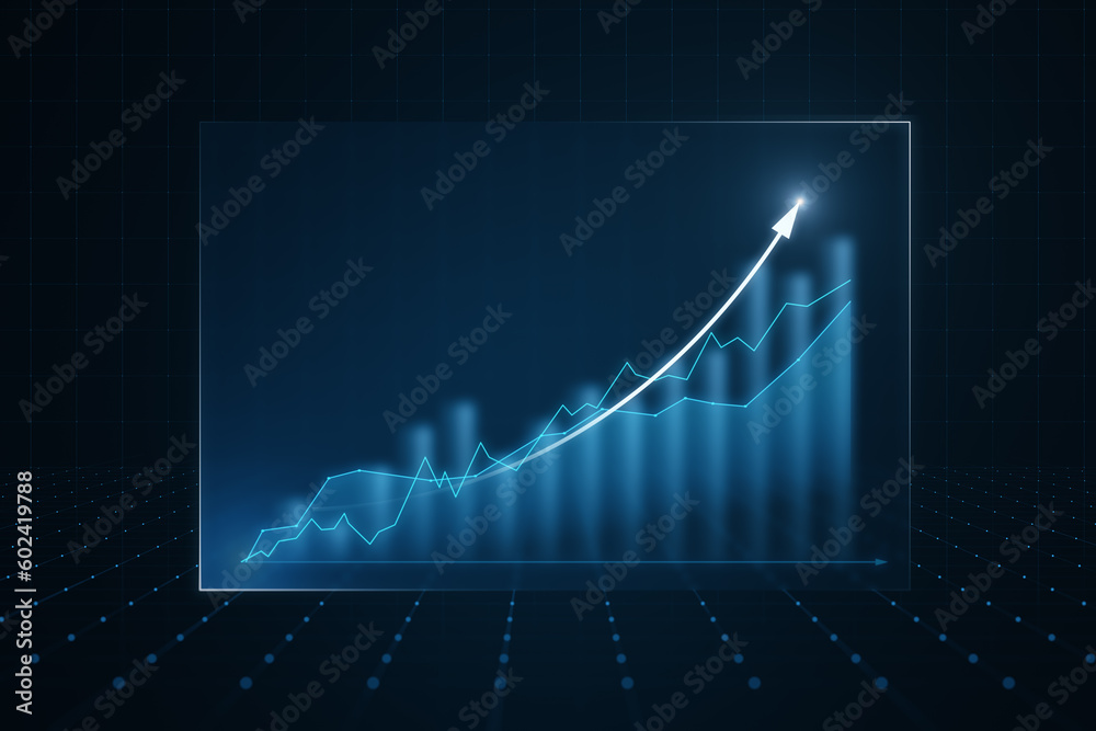 Poster front view of modern growing financial chart with rising up arrow on dark blue background. investing