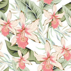 Tropical delicate orchid flowers, green palm leaves, white background. Vector seamless pattern. Jungle foliage illustration. Exotic plants. Summer beach floral design. Paradise nature