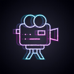 Glowing neon line Retro cinema camera icon isolated on black background. Video camera. Movie sign. Film projector. Vector