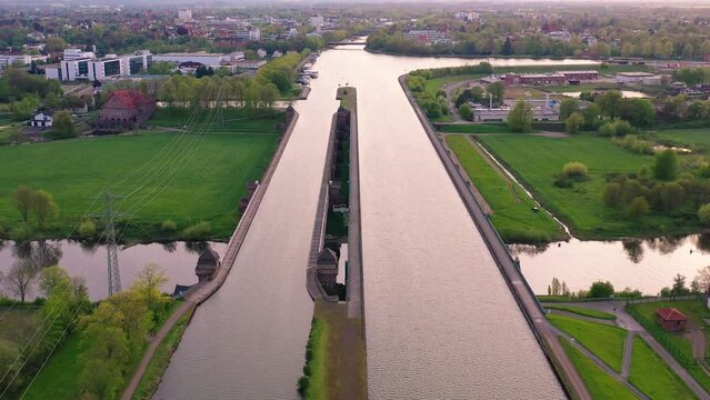 Aerial view of Minden Water Bridge over Weser River, Mittellandkanal, Minden, Germany. High quality 4k footage