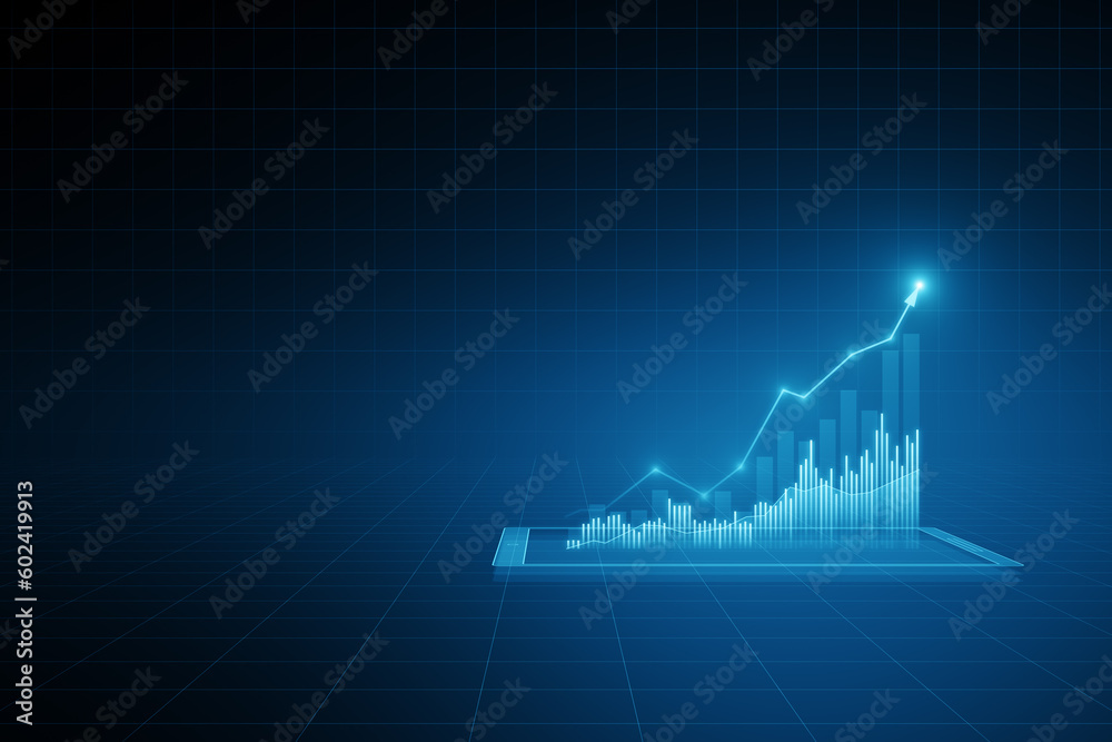 Aufkleber front view of modern growing financial chart with rising up arrow on dark blue background with empty