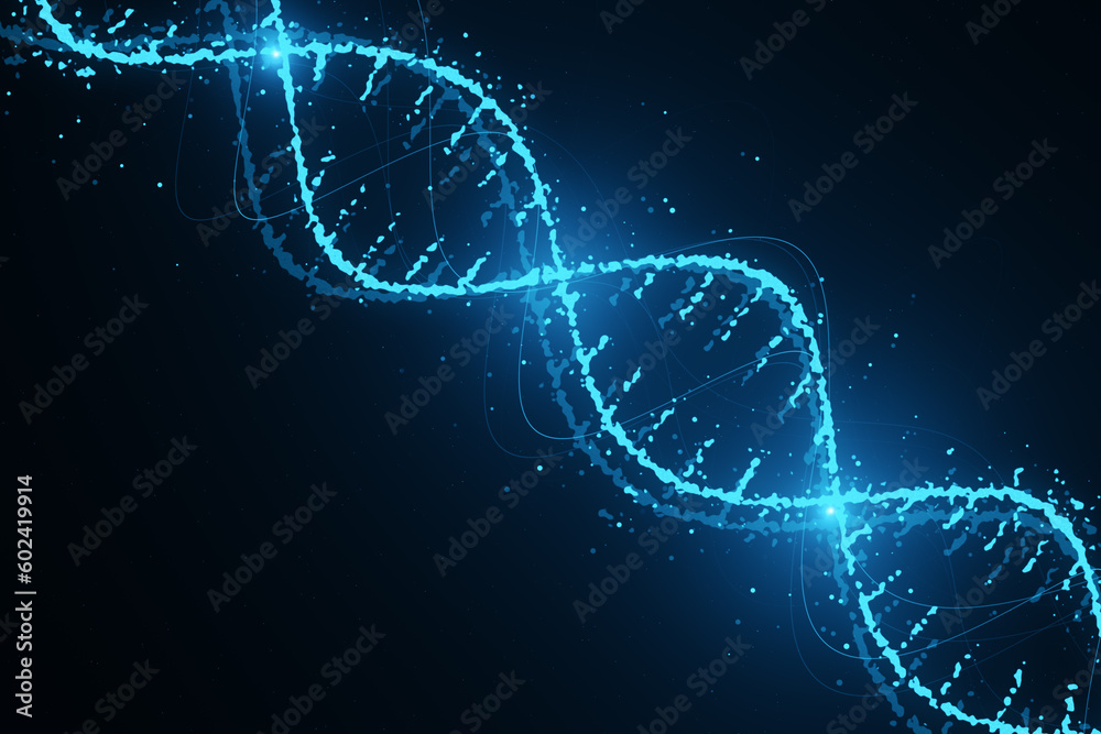 Poster Innovation, science and genetics concept with bright digital DNA molecule on abstract dark blue background with binary code. 3D rendering
