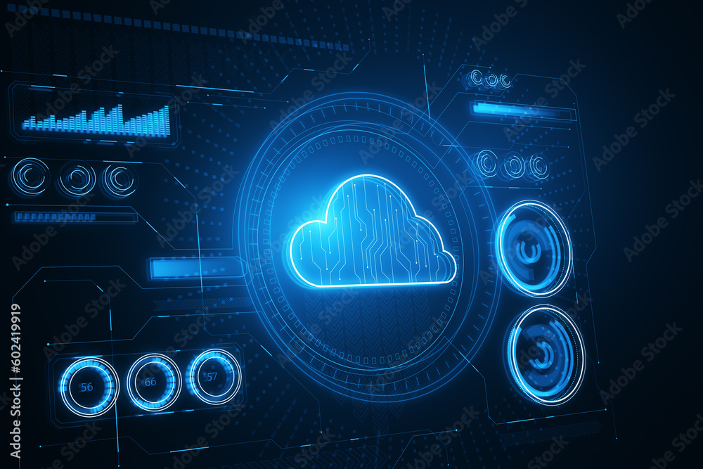 Poster modern design illustration with neon style cloud icon, cloud computing technology and data exchange 