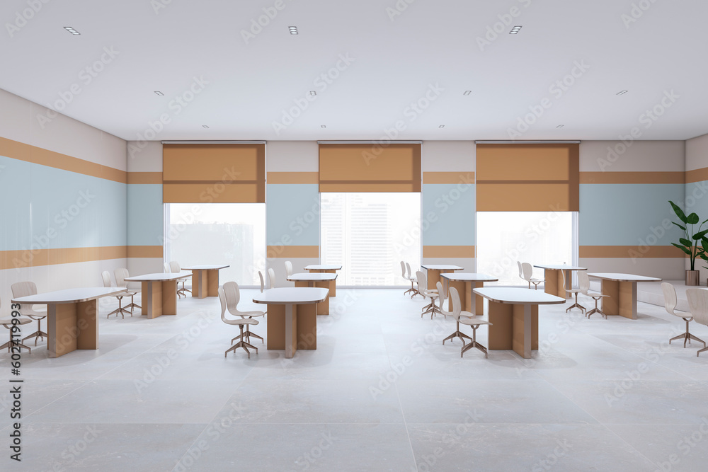 Poster modern school classroom interior with desks and window with city view. education and auditorium conc