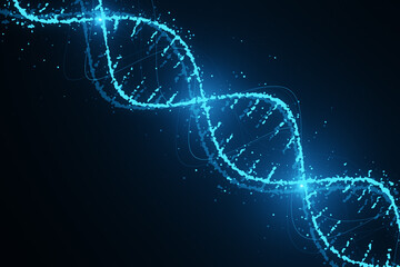 Innovation, science and genetics concept with bright digital DNA molecule on abstract dark blue background with binary code. 3D rendering