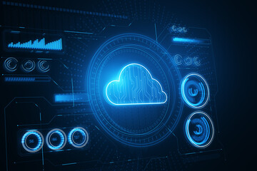 Modern design illustration with neon style cloud icon, cloud computing technology and data exchange concept on dark blue background. 3D Rendering