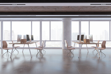 Bright coworking office interior with furniture, equipment and other objects in daylight. 3D Rendering.