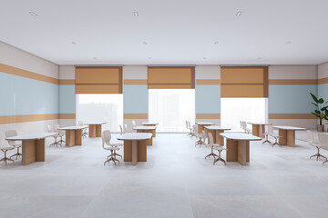 Modern school classroom interior with desks and window with city view. Education and auditorium concept. 3D Rendering.