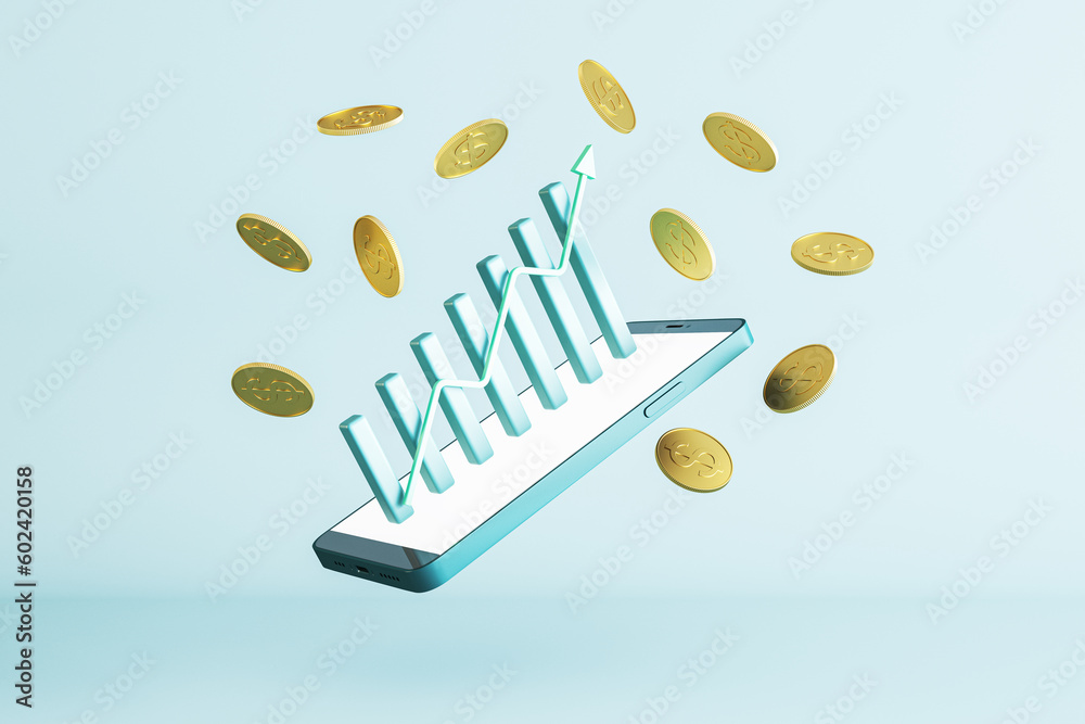 Poster abstract image of cellphone with creative business chart and golden dollar coins on light blue backg