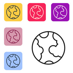 Black line Earth globe icon isolated on white background. World or Earth sign. Global internet symbol. Geometric shapes. Set icons in color square buttons. Vector
