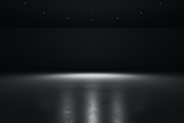Abstract empty dark stage with spotlight and grey concrete floor and black blank wall. Car or product presentation background, mockup. 3D Rendering