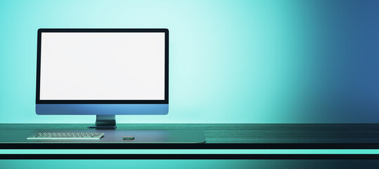 Abstract blue workplace with empty white mock up computer display. Office concept. 3D Rendering.