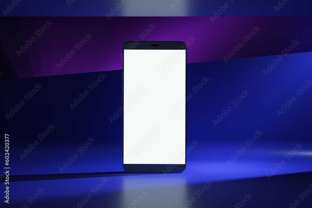 Poster front view on blank white modern smartphone screen with space for your logo or text on abstract grap