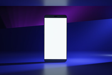 Front view on blank white modern smartphone screen with space for your logo or text on abstract graphic dark blue and purple shades background. 3D rendering, mockup