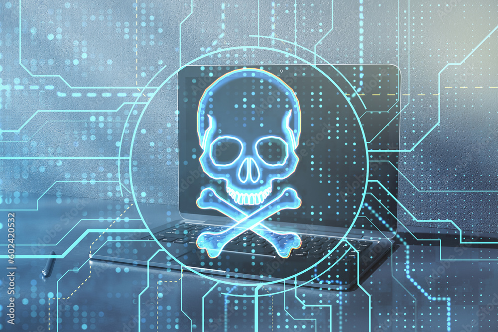 Poster Close up of notebook with glowing digital circuit binary code skull on blurry workplace background. Hacking, piracy, malware and data theft concept. Double exposure.