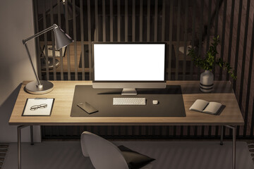 Top view of a wooden home desk with blank screen modern computer, with glowing lamp at night on modern cozy interior background, mockup. Webdesign and project presentation concept. 3D Rendering