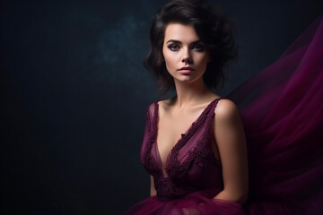 Naklejka premium Beautiful fashion woman in purple dress posing in studio, generative AI 