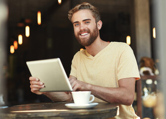 Cafe portrait, tablet and happy man work on online project, research or review restaurant, store or coffee shop service. Smile, happiness and person working on hospitality insight, data or statistics
