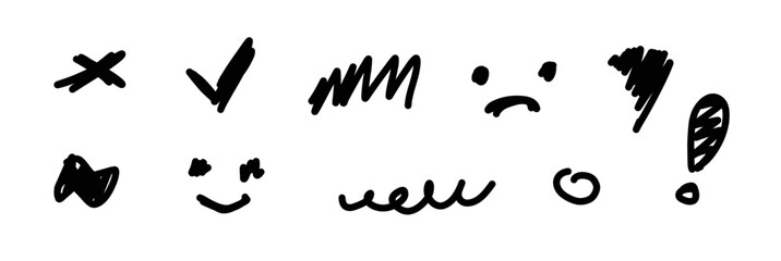 Doodle scribble icons set. Hand drawn Sketch pencil, pen or marker written children painting, smileys (Full Vector)