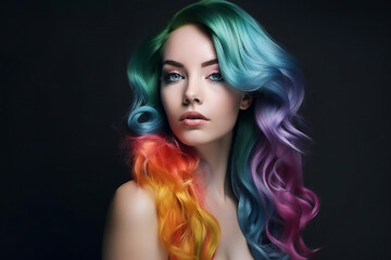 Beauty Model Girl with Colorful Hair. Colourful Long Hair, generative AI tools 