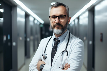 Portrait of  doctor standing with folded hands in modern hospital corridor, generative AI tools 