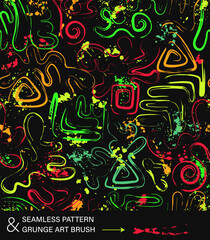 Pattern with abstract wavy shapes, swirls, twirls, paint brush strokes, blots, spattered paint of neon bright colors. Grunge style for sports goods, prints, clothing, t shirt design, vinyl wrap.