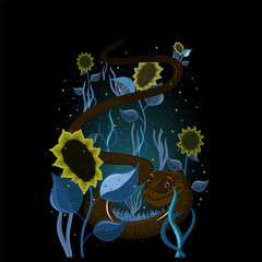 cute long snake among sunflowers and grass. artistic color vector illustration