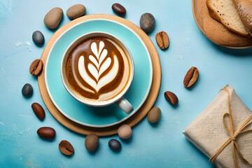 top view of cup of coffee, slices bread, gift box and sea stones isolated on pastel blue background