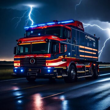 A fire truck driving across a road during a thunderstorm