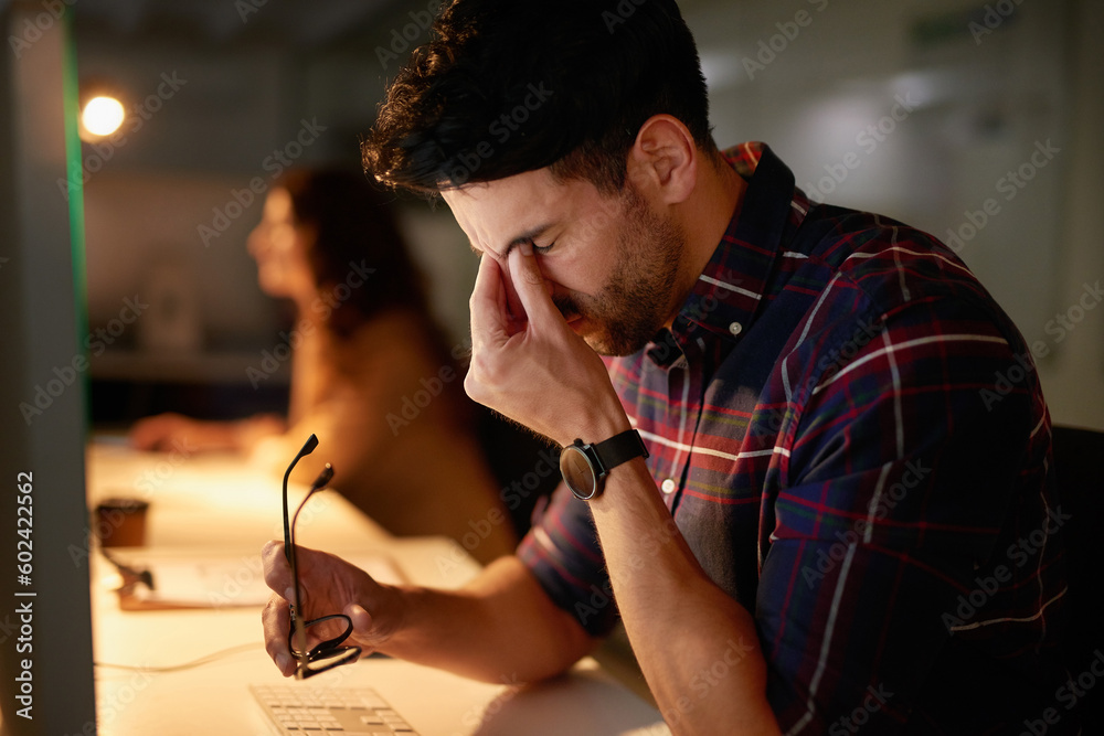 Aufkleber Stress, headache and burnout with a man programmer working on a computer in his office for design. Tired, 404 and deadline with a male employee working on system code for software development