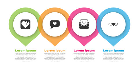 Set Broken heart or divorce, Heart in speech bubble, Envelope with Valentine and wings. Business infographic template. Vector