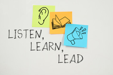 Listen, learn and lead is shown using the text