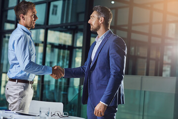 Business people, handshake and b2b success or partnership, agreement and networking in office....