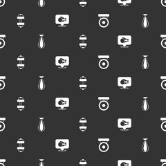 Set Boxing gong, Punching bag, Dumbbell and glove on seamless pattern. Vector