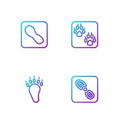 Set line Human footprints shoes, Bear paw, and Paw. Gradient color icons. Vector