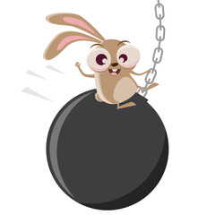 funny cartoon rabbit swinging on a wrecking ball