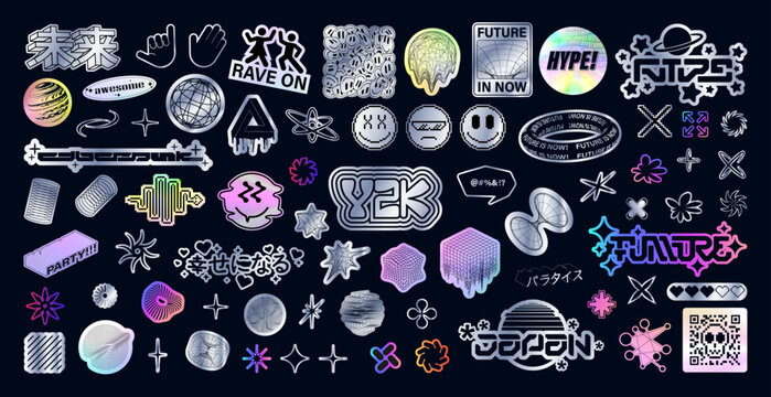 Retro holographic stickers Y2K style. Acid trippy psychedelic, rave, vaporwave, synthwave. Y2K holographic graphic box, Translated from Japanese - be happy, cyberpunk, the future is now, the future