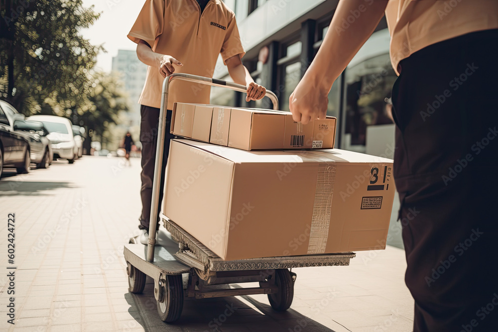 Wall mural deliveryman delivering packages with dolly on a street, generative ai