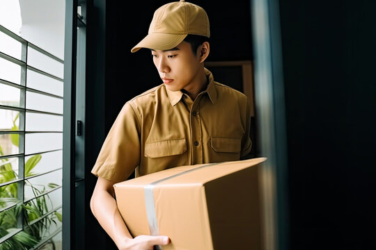 Asian delivery man delivering a package, generative ai