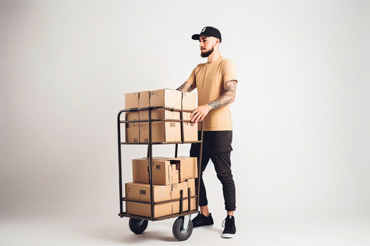 Deliveryman delivering packages with dolly on a white background with copyspace, generative ai