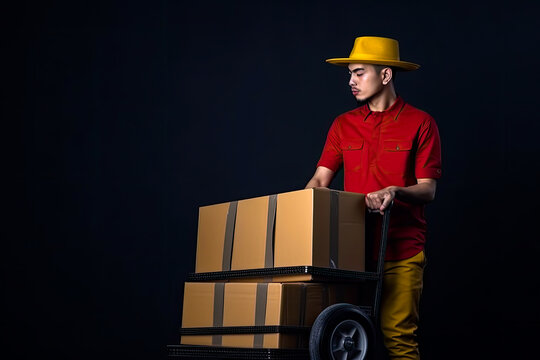 Deliveryman delivering packages with dolly, studio photography with copyspace and black background, generative ai
