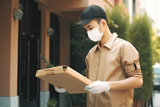 Asian delivery man with a mask delivering a package, generative ai