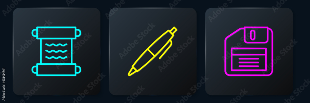 Poster set line papyrus scroll, floppy disk and pen. black square button. vector