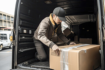 Delivery man taking package out of back of truck, generative ai