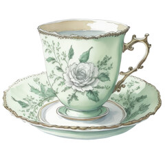 Green vintage Teacup, watercolor antique Cup of Tea, Old Porcelain, Isolated on Transparent Background. Generative AI	