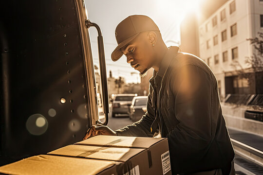 Delivery man taking package out of back of truck in the morning sun, generative ai