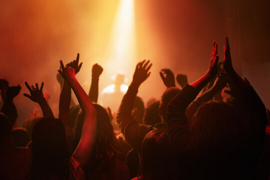 Hands of people in crowd dancing at concert or music festival, neon lights and energy at live event. Dance, applause and group of excited fans in silhouette at rock band performance with lighting.
