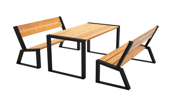 Table and benches made of wood and metal. A set of modern park and garden furniture in the loft style. 3d rendering